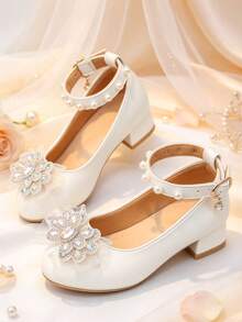 1 Pasang Sepatu Hak Tebal Putri, Bahan PU Lembut + Jala, Dekorasi Pita Kristal Warna-warni, Ujung Bulat, Sol Datar Anti Selip, Desain Satu Tali dengan Pengait & Perekat, Modis & Imut, Sepatu Hak Tinggi untuk Pesta, Cocok untuk Pertunjukan Sekolah, Ulang Tahun - Putih - View 3