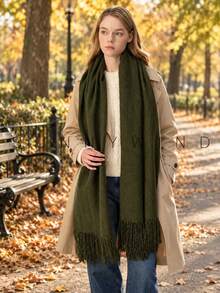 1pc Women's Solid Color Vintage Elegant Artistic Warm Polyester Scarf For Autumn/Winter Daily Wear - Army Green - View 3