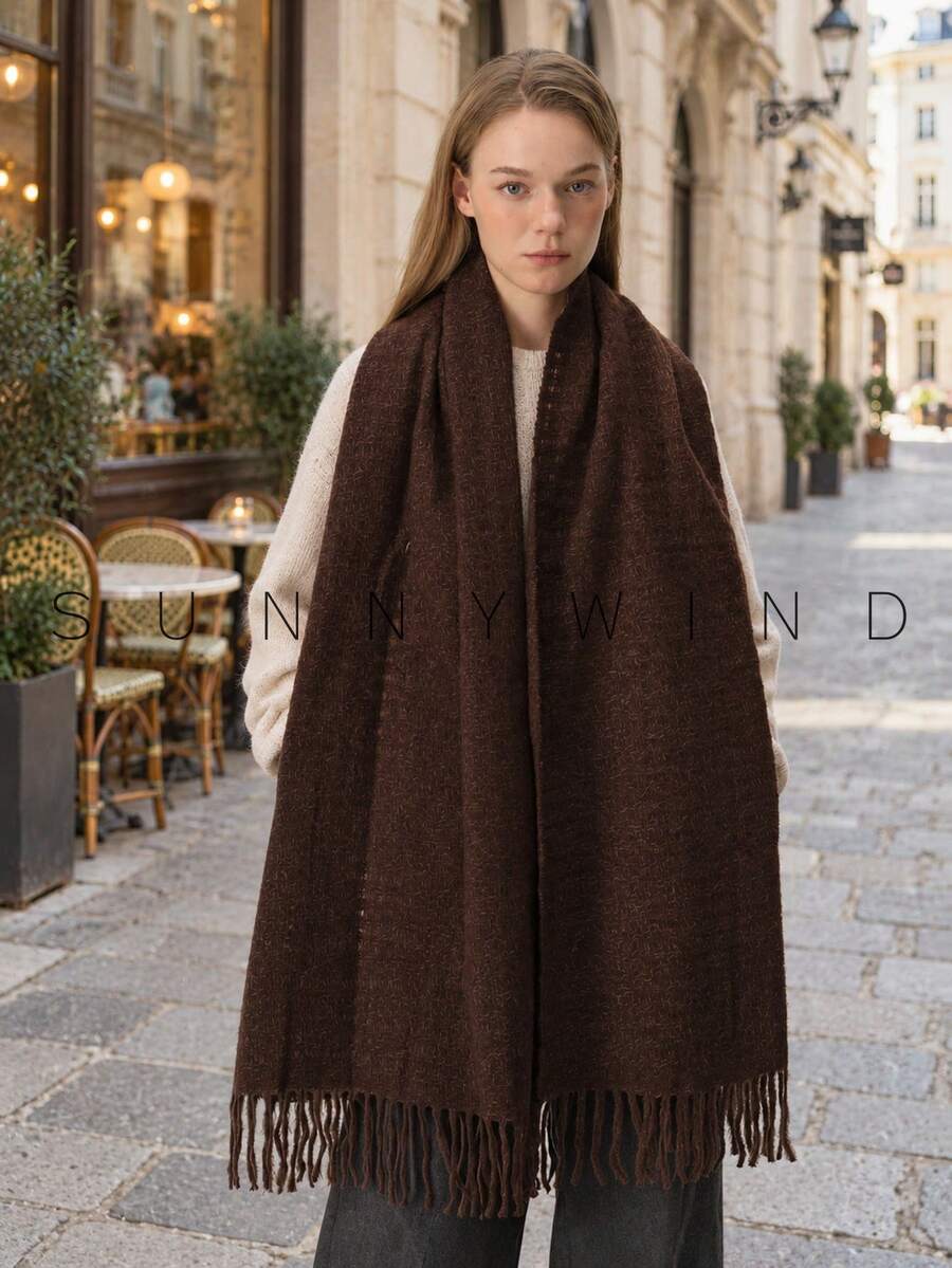 1pc Women's Solid Color Hollow Out Personalized Fashion Casual Elegant Polyester Scarf For Autumn/Winter Daily Use - Coffee - View 1
