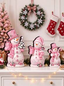 1/3Pcs Pink Christmas Snowman Tabletop Decor Set, Freestanding Winter Snowman Ornaments With Gift Box & Candy Cane, Rustic Xmas Desktop Decorations For Window Sill, Dining Table, Kitchen Counter, Holiday Home Decor, Christmas Gift For Family Friends - Pink - View 8