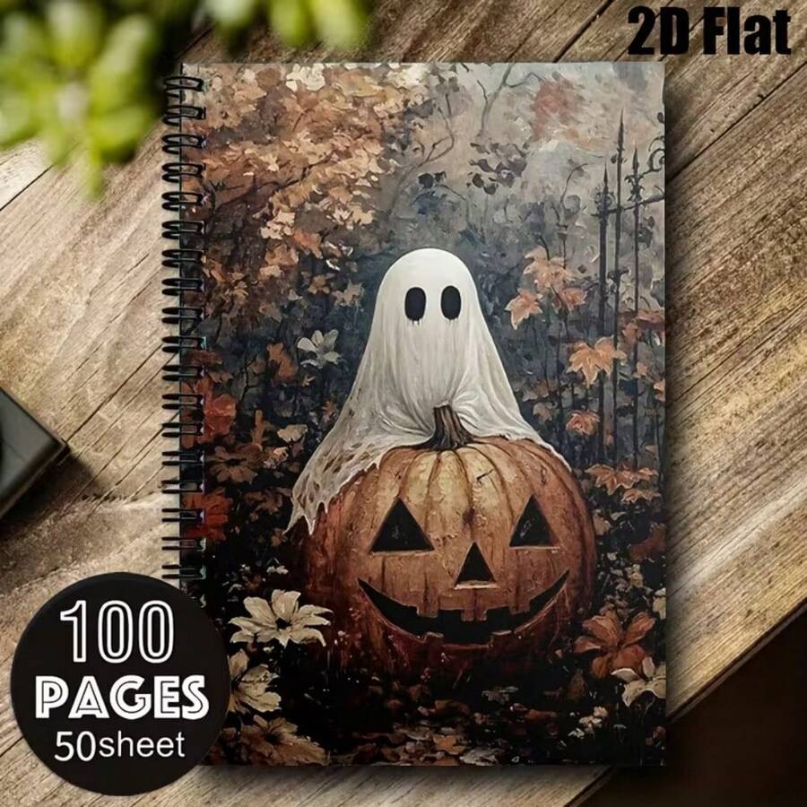1pc [2D] Flat Spiral Notebooks Halloween Ghost Pumpkin Scenery Cover A5 Spiral Bound Notebook Back-To-School Season Gift Student Homework Memo Diary Stationery Suitable For Back-To-School Season, Student Notebooks, Student Essentials - One Book (50 Pages, 100 Pages) - View 1