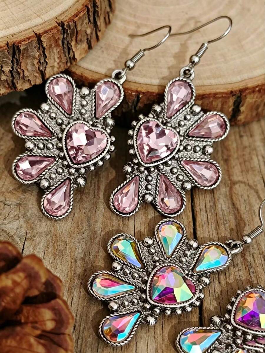 Women's Bohemian Style Water Drop & Heart Rhinestone Petal Dangle Earrings, Suitable For Daily Wear, Commuting, Dating, Parties - Petal - View 1