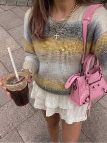 Plus Size Women's Gradient V-Neck Long Sleeve Loose Casual Sweater - Multicolor - View 11
