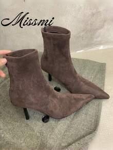 Fall/Winter 2025 New Arrival French Style Pointed Toe Thin Heel Slim Fit Ankle Boots, Minimalist Design For Commuting, Women,Kitten Heels - Khaki - View 1