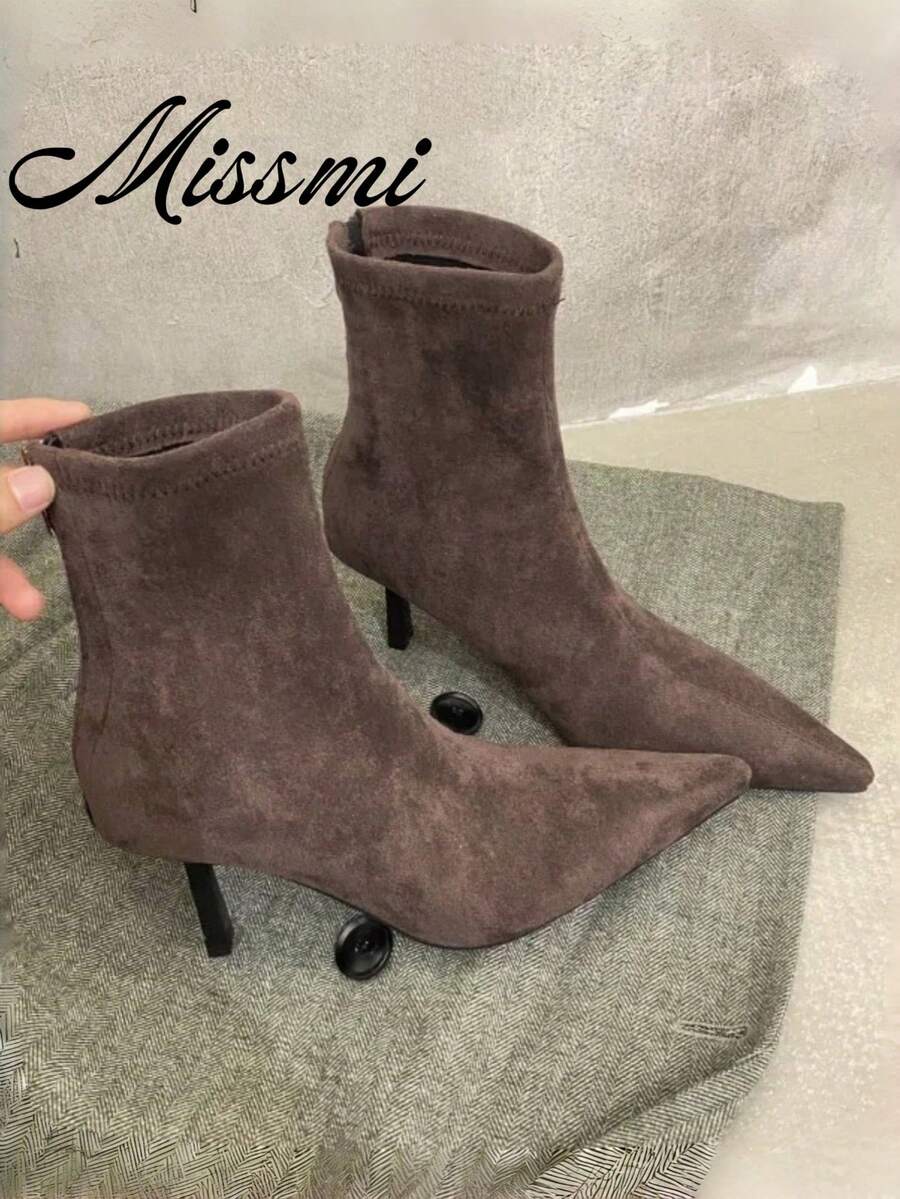 Fall/Winter 2025 New Arrival French Style Pointed Toe Thin Heel Slim Fit Ankle Boots, Minimalist Design For Commuting, Women,Kitten Heels - Khaki - View 1