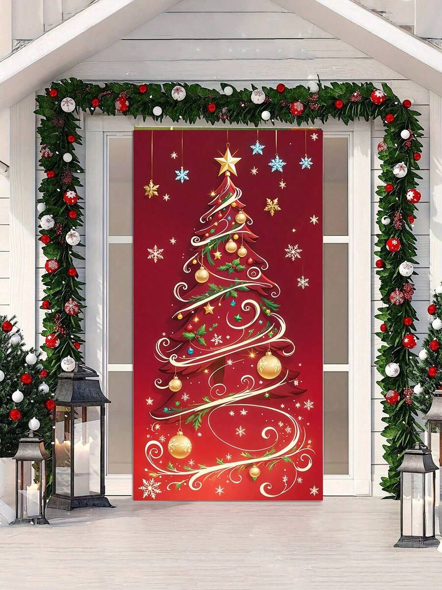 1pc Rectangular Christmas Door Banner With Merry Christmas Tree, Snowflakes, Golden Stars & Bells - Suitable For Parties, Porch Hanging, /Outdoor Decoration, Holiday Door Cover For Entrance, Family Photo Background - Christmas Door Flag - View 1