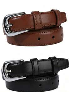 1pc/2pcs Women's Silver Buckle Solid Color Minimalist Casual Versatile Decorative Belt, Suitable For Daily Commute Wear - Multi-color Silver Buckle - View 1