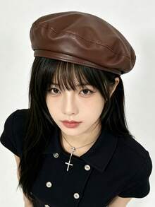 1pc Maillard Solid Color Beret Hat, Women's Autumn/Winter New Vintage Versatile Cap, Flattering Face-Slimming Design - Black - View 20
