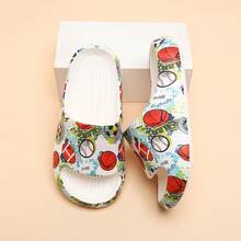 Boys' Lightweight Multi-Ball Graffiti All-Over Print EVA Slide Sandals, Cool Beach Bedroom Indoor Daily Slippers - White - View 11