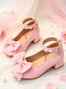 1 Pair Pink Chunky Heel Princess Shoes, Soft PU Bow + Double Pearl Decor, Round Toe Flat Non-Slip, One-Strap Hook & Loop Design, Fashionable & Cute, Suitable For Banquet, School Performance, Birthday - Pink - View 5