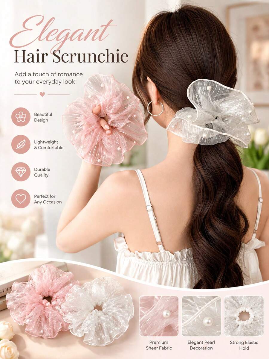 1pc Women's Pearl Mesh Hair Scrunchie, High-End Low Ponytail Hair Tie, Elegant Updo Hair Accessory - Multicolor - View 1