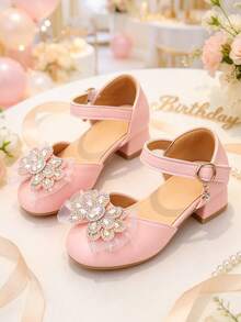1 Pair Pink Chunky Heel Princess Sandals, Soft PU Bow + Rhinestone Flower, Round Toe Flat Non-Slip, One-Strap Hook And Loop Design, Fashionable And Cute, Party High Heel Shoes, Suitable For School Performance, Birthday - Pink - View 6