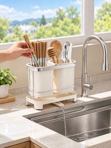 Dish Drainer Rack, Self-Draining Chopstick & Spoon Storage Basket, Household Kitchen Countertop Utensil Tray - Multicolor - View 6