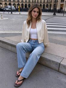 Seelio Autumn New Women's European And American Style Fashion Minimalist Versatile Satin Flight Jacket - Beige - View 3