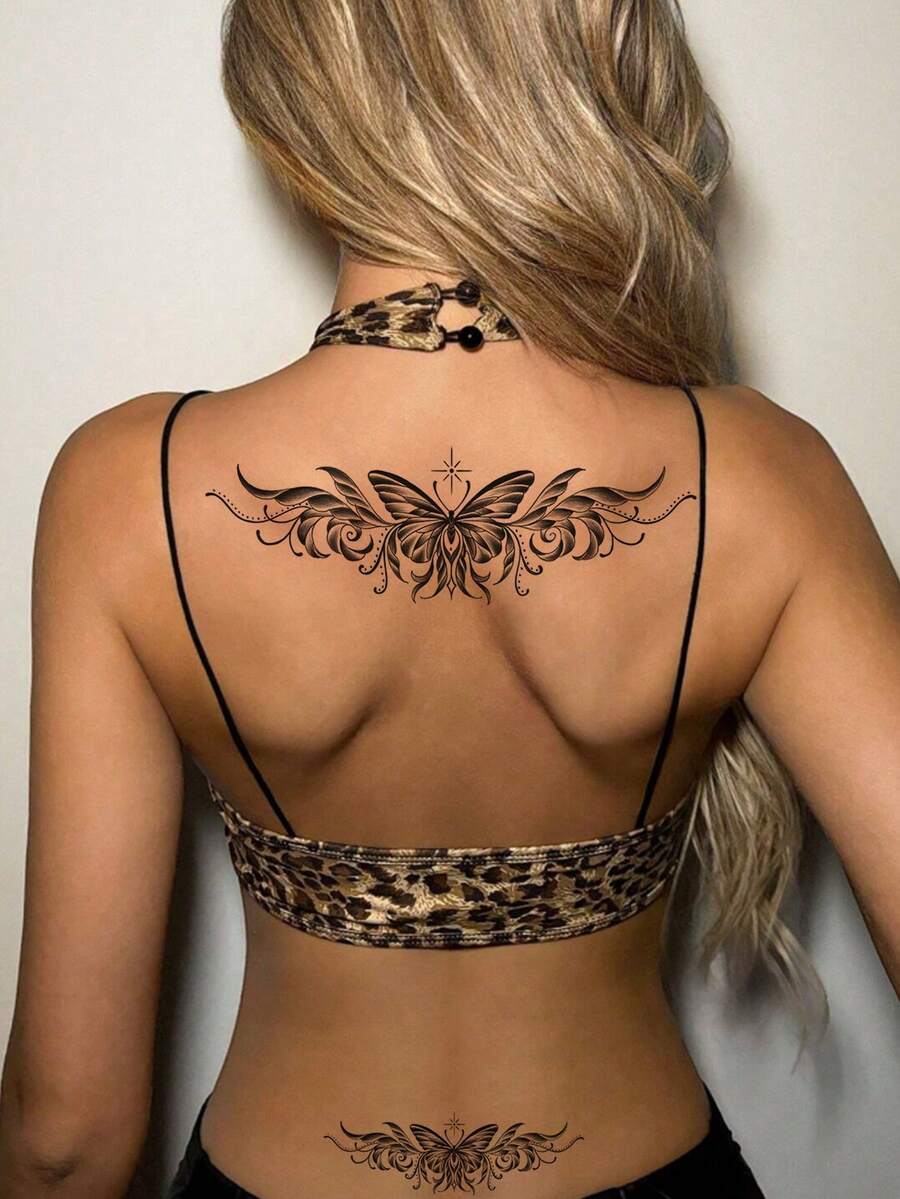 1pc Y2K Style Bow Tattoo Sticker, Bow Pattern, Floral Print, Disposable Fake Tattoo, Gothic Style Temporary Tattoo Sticker, Waterproof And Sweat-Proof, Washable, No Reflection Effect, Simulates Tattoo Effect On Arms, Legs, Shoulders, Chest, Back, Suitable For Fashion-Forward People, Lasts 3 To 5 Days - Black - View 1