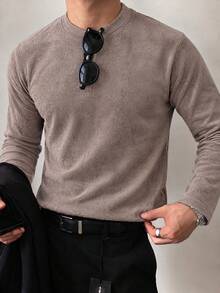 Vintage Long Sleeve Crew Neck Undershirt T-Shirt Men's Spring Autumn Loose Fit Simple Casual Outerwear Inner Layer Layering Top - Brown - View 1