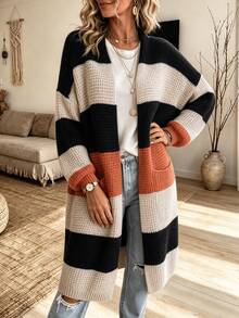 Plus Size Striped Colorblock Pocket Knit Cardigan - Multicolor - View 7