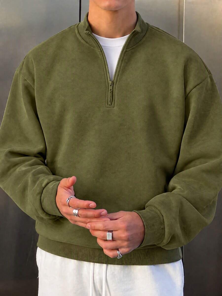 Men's Solid Color Long Sleeve Casual Half-Zip Polo Collar Sweatshirt