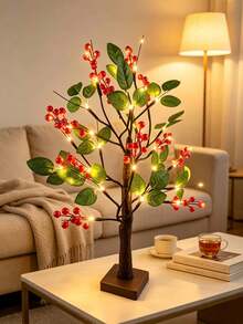 1PC Red Berry Green Leaf Brown Tree Lamp 24 Lights 60CM High, USB + 3 AA Batteries Dual Use, Warm White LED Desktop Tree Lamp, Autumn Winter Christmas Thanksgiving New Year Bedroom Home Housewarming Atmosphere Decor - Yellow - View 8