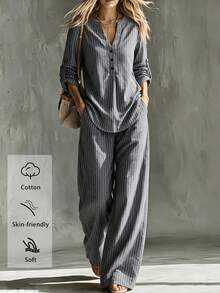 Women'S Casual Grey Striped Fall Cotton Two‑Piece Outfit, Notch‑V Roll‑Sleeve Top & Wide‑Leg Pants For Commute Casual Outfits, Elitara - Grey - View 1