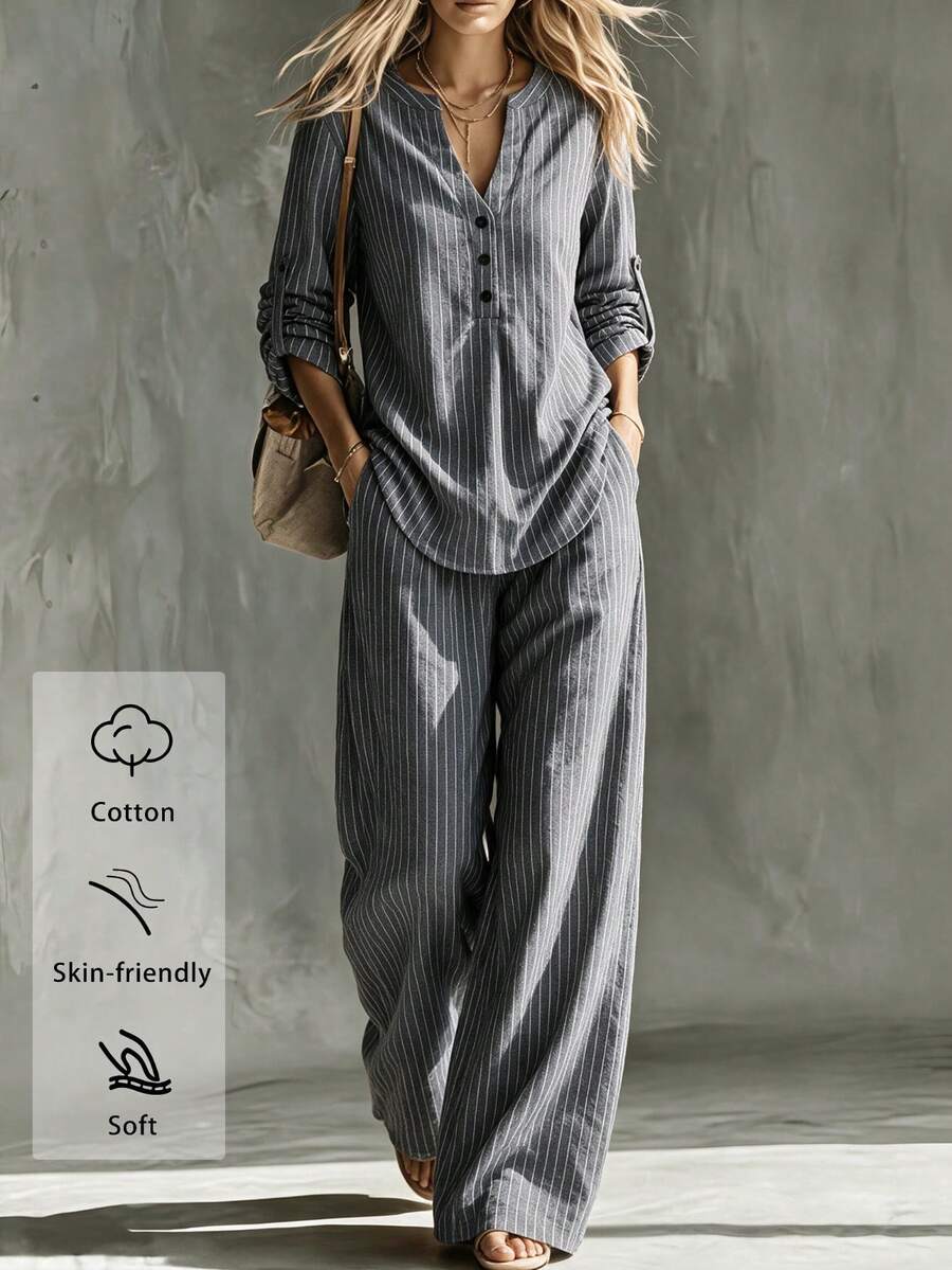 Women'S Casual Grey Striped Fall Cotton Two‑Piece Outfit, Notch‑V Roll‑Sleeve Top & Wide‑Leg Pants For Commute Casual Outfits, Elitara - Grey - View 1