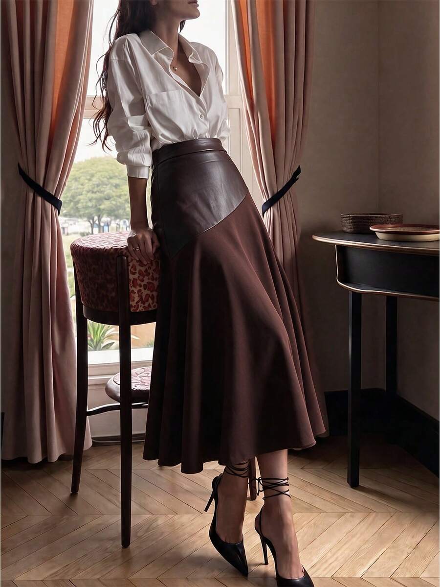Women's Autumn/Winter Solid Color High Waist Elegant Fashion Patchwork Faux Leather Design Versatile Retro Elegant Drape Commute A-Line Umbrella Skirt - Coffee Brown - View 1