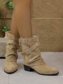 Women's Vintage Western Cowboy Boots, Faux Suede Ruffled Mid-Calf Design, Multi-Buckle Pointed Toe Low Chunky Heel Street Casual Boots - Khaki - View 5