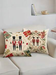 2Pcs Retro Nutcracker Soldier Throw Pillow Covers, Vintage Christmas Art Print Cushion Shell For Couch Bed Winter Xmas Decoration - Multicolor - View 3