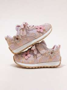 Girls' Hook And Loop Closure Shoes, Floral Patchwork Upper With 3D Flower Decor, Lightweight Non-Slip Casual Sports Shoes - Pink - View 1