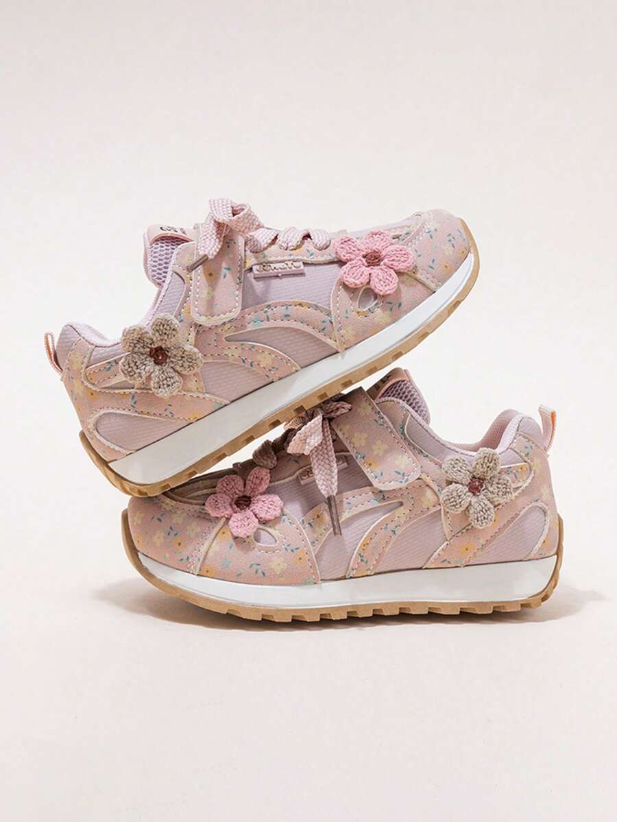 Girls' Hook And Loop Closure Shoes, Floral Patchwork Upper With 3D Flower Decor, Lightweight Non-Slip Casual Sports Shoes - Pink - View 1