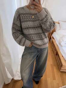 Plus Size Women's Vintage Fair Isle Pattern Sweater, Round Neck Long Sleeve Loose Fit, Casual Retro Autumn/Winter - Grey - View 10