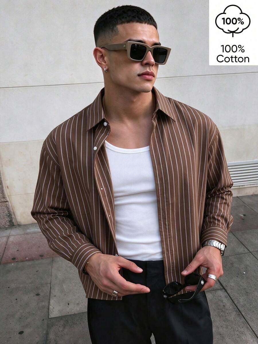 WAIT HIM 100% Cotton Men's Casual Striped Long Sleeve Shirt - Brown - View 1