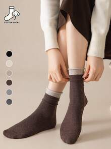 6 Pairs Women's Rolled Cuff Mid-Calf Socks, Cotton Solid Color Contrast Socks, Simple Basic Breathable Slouch Socks - Multicolor - View 2