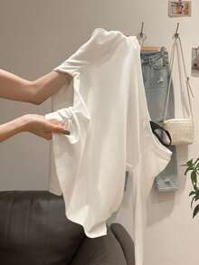 Women's Design Contrast Color Camisole Long Sleeve Base Layer Slim Fit Flattering Asymmetrical Neckline Cold Shoulder Side Ruched Autumn Long Sleeve T-Shirt - White - View 3