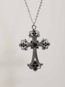 Vintage Gothic Style Rhinestone Cross Pendant Necklace For Men - Black - View 6
