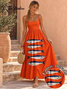 New Spring/Summer Sleeveless Fish Print Dress, Suitable For Beach Vacation And Afternoon Tea Elegant - Orange - View 2