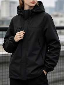 Women's Spring/Autumn Casual Outdoor, Sports Hooded Plus Size Jacket, Lightweight Suitable For Running, Black - Black - View 1