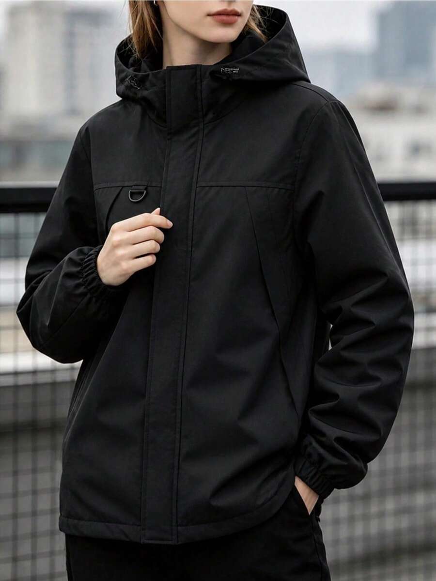 Women's Spring/Autumn Casual Outdoor, Sports Hooded Plus Size Jacket, Lightweight Suitable For Running, Black - Black - View 1