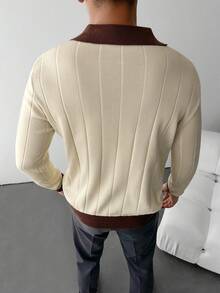 WAIT HIM Men's Autumn/Winter Colorblock Polo Collar Long Sleeve Loose Casual Sweater - Beige - View 4