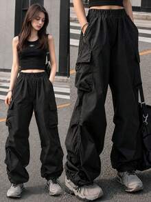 1pc Tween Girls Casual Loose Comfortable Utility Cargo Pants, Suitable For School, Outdoor, Sports, Spring/Autumn - Black - View 9