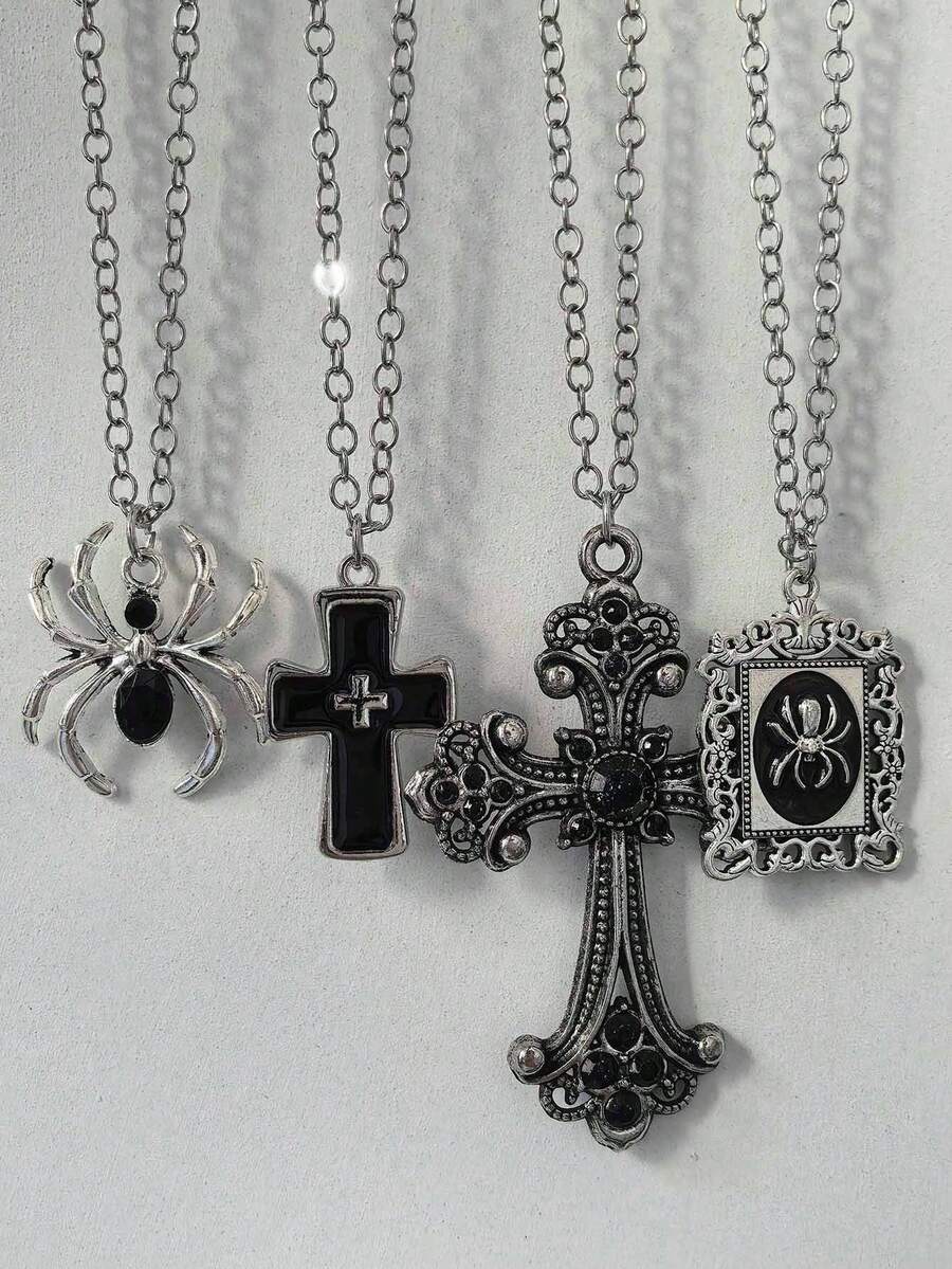 4pcs Vintage Gothic Rhinestone Cross Spider Cross Hip Hop Men's Necklace Set - Silver - View 1