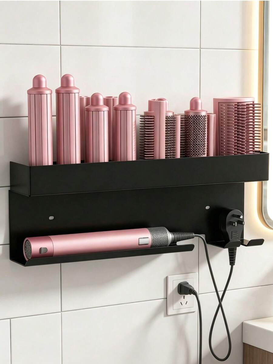 1PC Wall-Mounted Hair Tool Organizer, 2 Installation Methods, No-Drill And Drill Installation, Multi-Functional Bathroom Storage Rack, Space-Saving, For Hair Dryer, Curling Iron, Straightener Storage - Multicolor - View 1