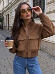 Jaket Penerbangan Wanita Gaya Eropa dan Amerika Minimalis Bergaris Kerah Tegak Mellowy Autumn Terbaru - Khaki - View 3