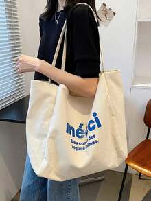女款帆布大容量托特包，新款小眾格紋媽媽通勤單肩手提包 - 白色 - 查看 5