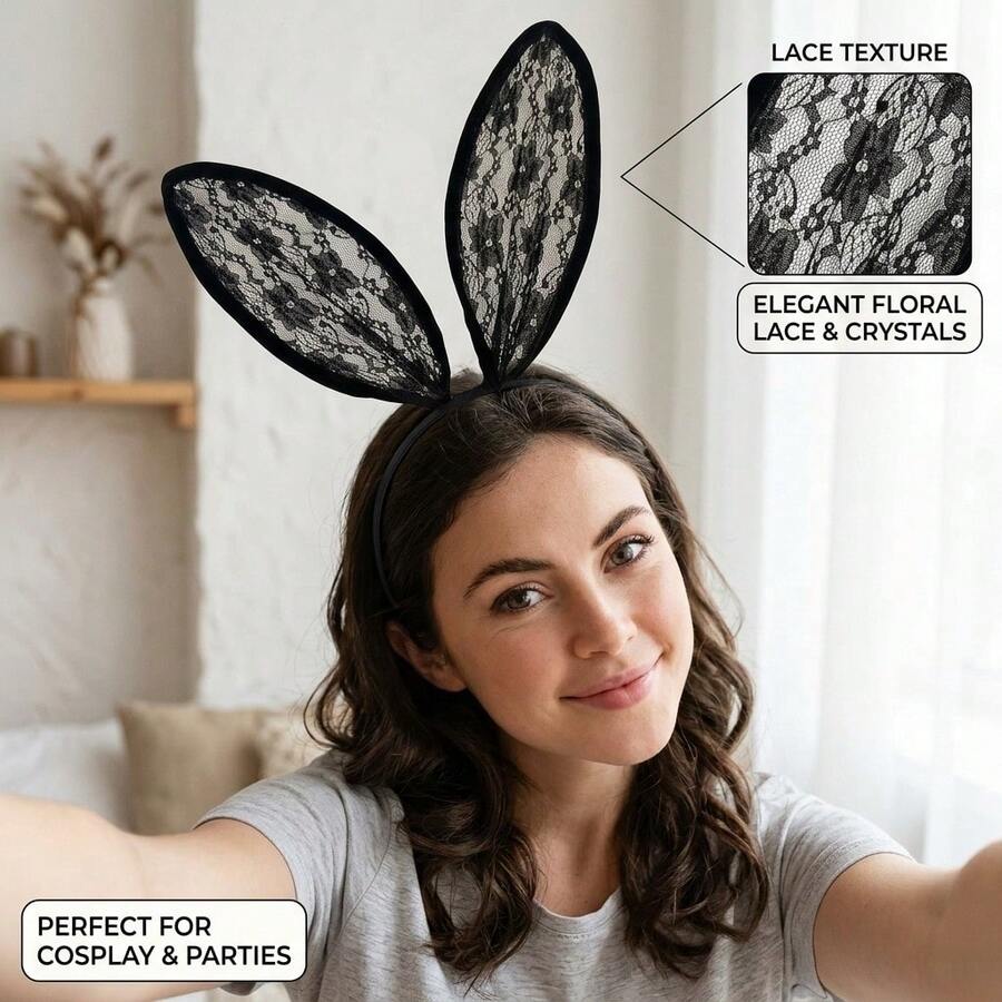 Women's Black Lace Rabbit Ear Headband, Adjustable Metal Wire Floral Rabbit Ear Hair Accessory, Suitable For Cosplay, Halloween, Christmas Costume And Masquerade Party - Black - View 1