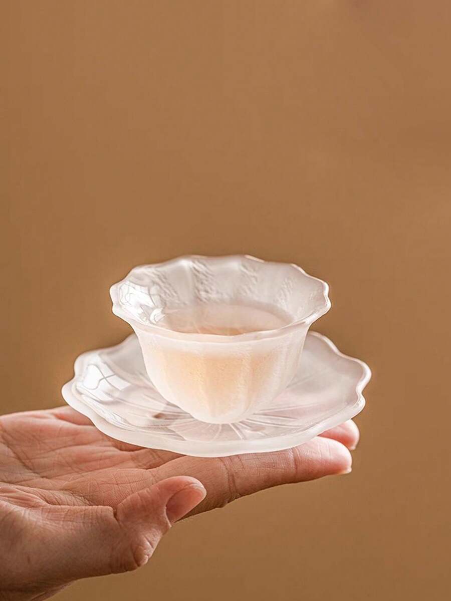 1 Set Exquisite High-Value Practical Textured Frosted Crystal Petal Glass Tea Cup & Saucer Tea Set For Tea Ceremony Home Decor - Multicolor - View 1