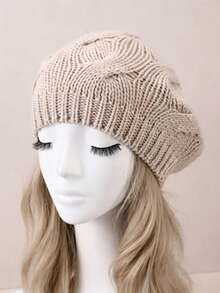 1 buah Topi Beret Rajut Wanita Ukuran Besar Bentuk Angka 8, Topi Rajut Wol untuk Musim Dingin - Krem - View 1