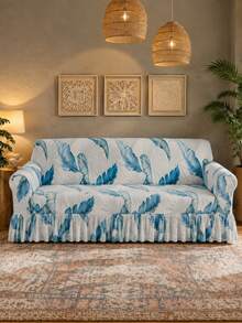 1pc Leaf Pattern Print Elastic Sofa Cover, Dust-Proof & Dirt-Resistant, Stretch Full Coverage Sofa Protector, Home Decor, Machine Washable - Blue - View 10