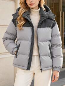 Women's Autumn/Winter Colorblock Thickened Warm Hooded Padded Coat - Grey - View 1
