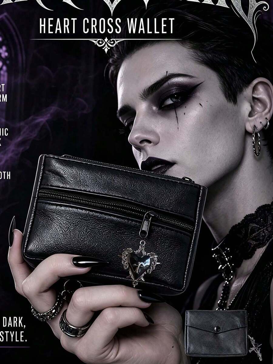Vintage Dark Punk Small Storage Pouch, Multi‑Layer Zipper Wallet, Exquisite Black Heart Cross Pendant Decor Coin Purse, Portable Handheld Card Cash Organizer Bag, Stylish Gothic Daily Accessories For Travel & Everyday Carry